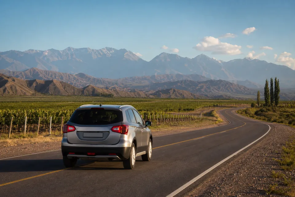 Automóvil circulando por una ruta entre viñedos y montañas de Mendoza