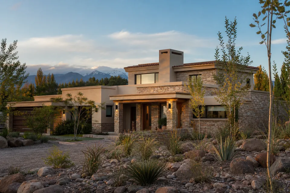 Casa de arquitectura regional con jardín de clima seco en Mendoza